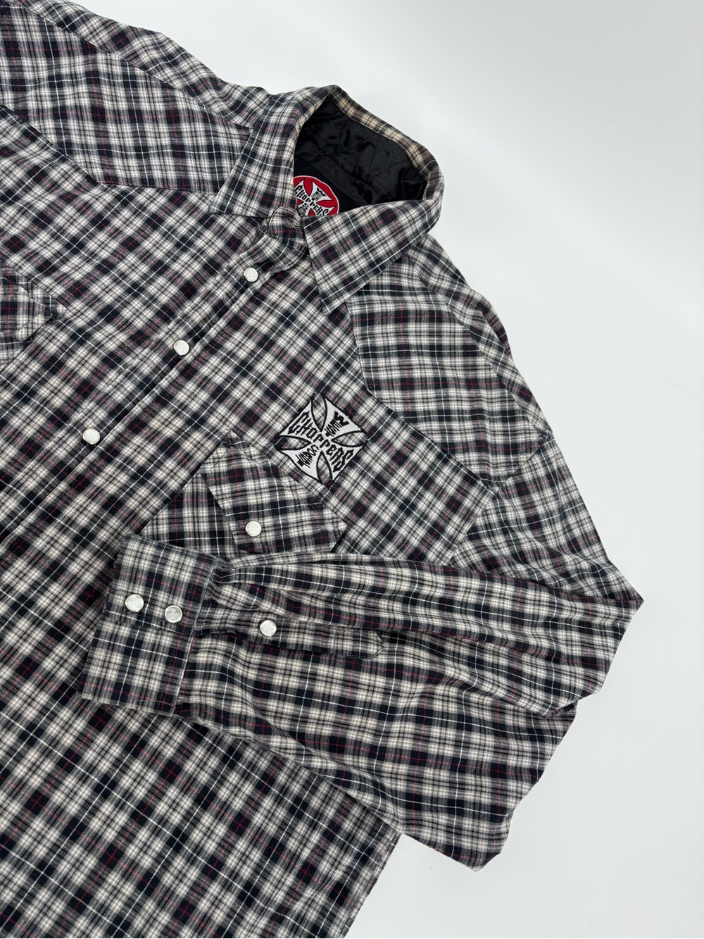 West Coast Choppers Jesse James Shirt Mens XL Pearl Snap Black Gray Plaid FS